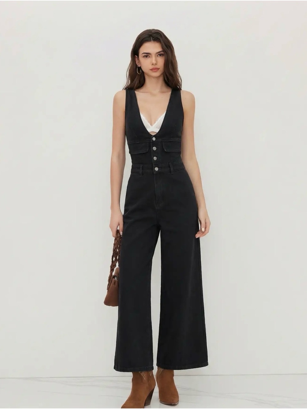 Cider Black Denim Wide-Leg Jumpsuit with Button Front